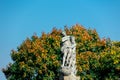 Classic statue in a park with blue sky and tree on background